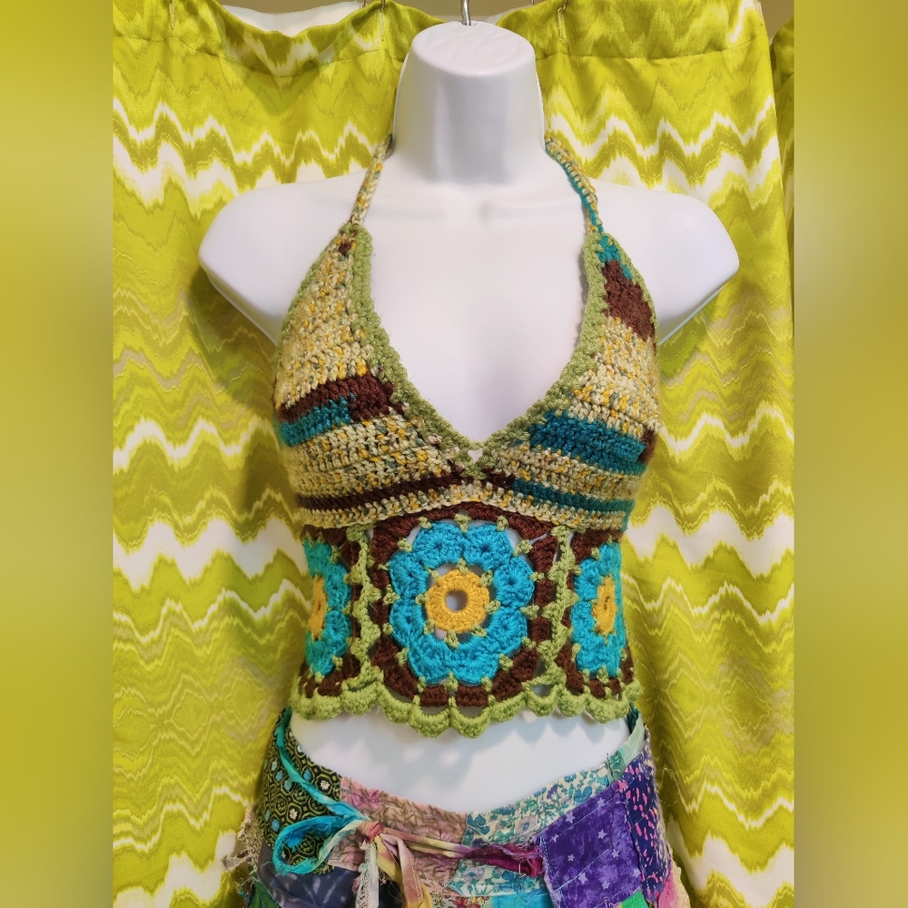 Turquoise and Neutral Crochet Halter Top